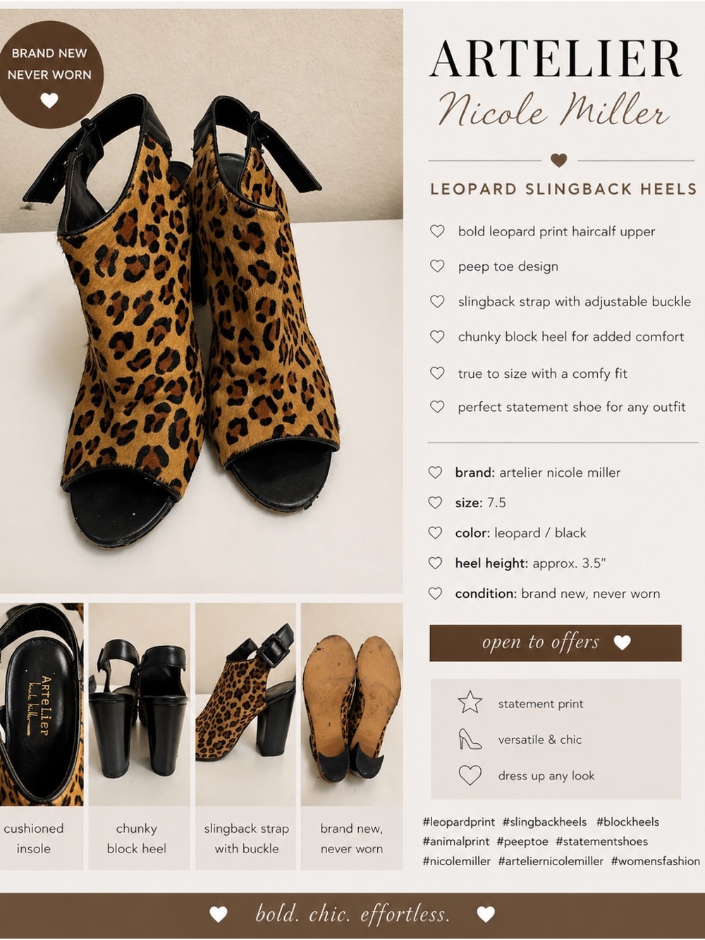 Nicole Miller Leopard Print Peep Toe Slingback Heels in Black